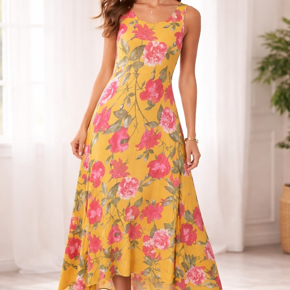 Nina Leonard Sleeveless Yellow Floral Maxi Dress - Pink Floral Print